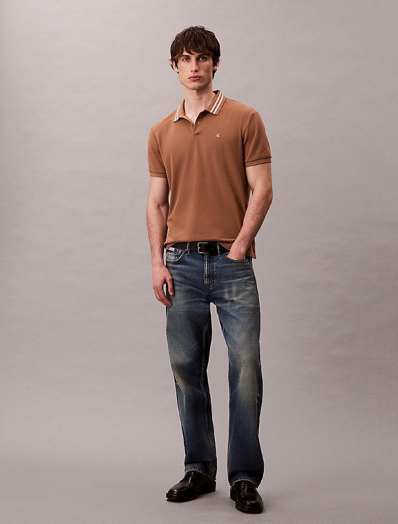 Erkek Monogram Pique Polo T-shirt Taba LV04RC276GHMS | Calvin Klein