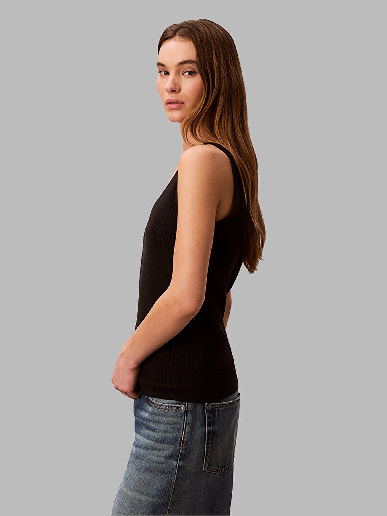Cotton ribbon tank 黒 Kadın Woven Label Tank Top Siyah LV047F355GUB1 | Calvin Klein