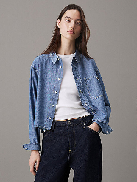Kadın Cropped Dad Denim Gömlek