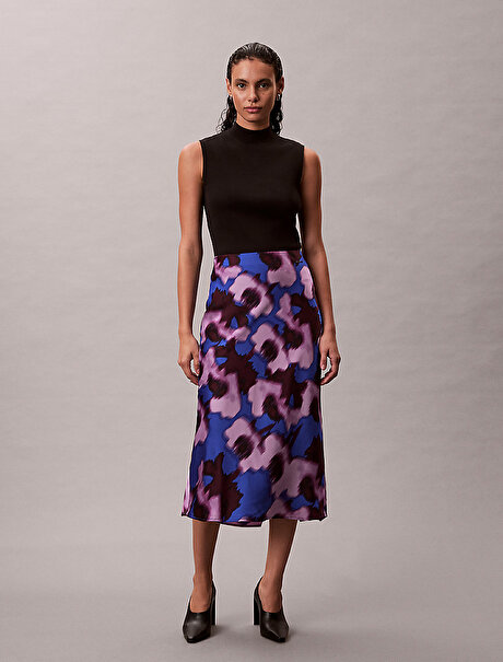 Kadın Printed Satin Midi Etek