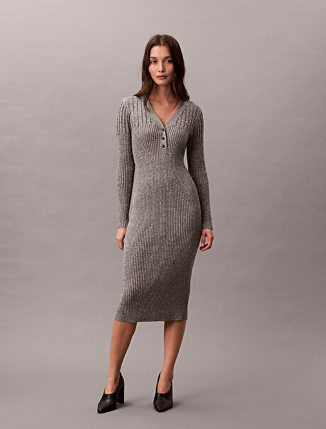 Kadın Mouline Rib Vneck Elbise