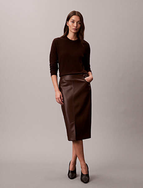 Kadın Faux Leather Midi Etek