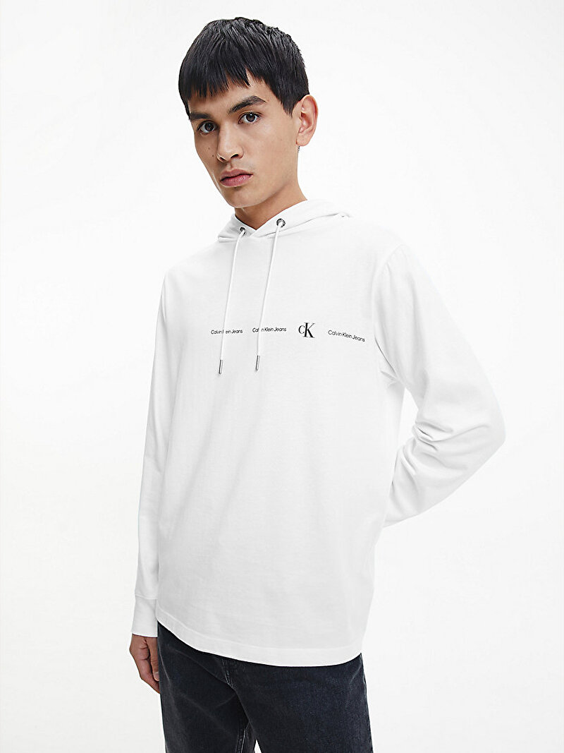 Calvin Klein Beyaz Renkli Erkek Kapüşonlu Uzun Kollu Sweatshirt