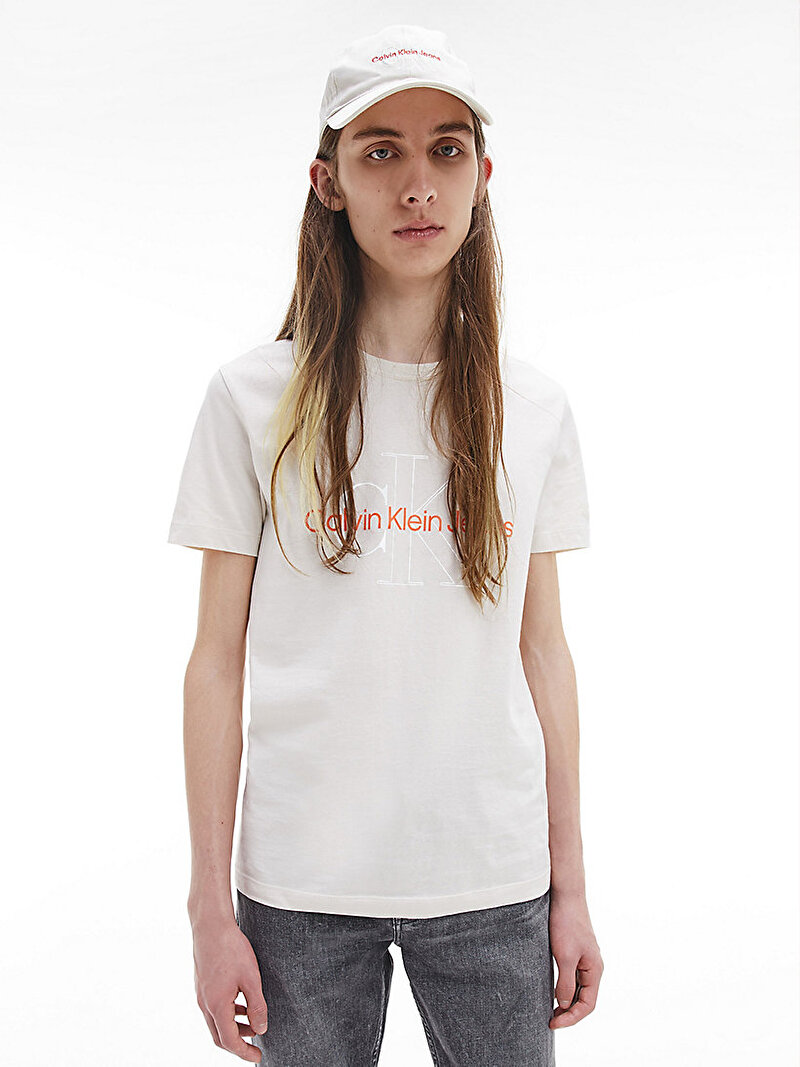 Calvin Klein Ekru Renkli Erkek Organik Pamuklu Logolu Slim T-Shirt