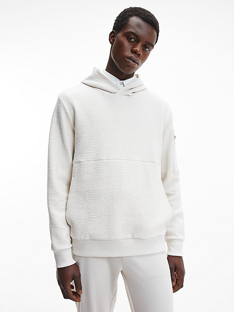 Calvin Klein Ekru Renkli Erkek Organik Pamuklu Kapüşonlu Sweatshirt