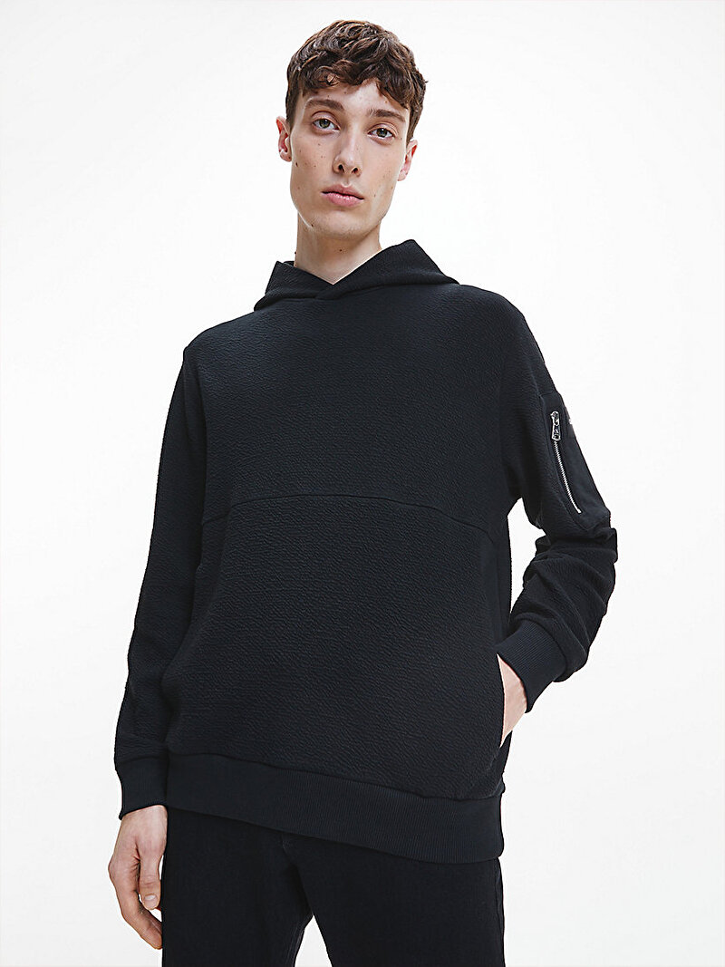 Calvin Klein Siyah Renkli Erkek Organik Pamuklu Kapüşonlu Sweatshirt