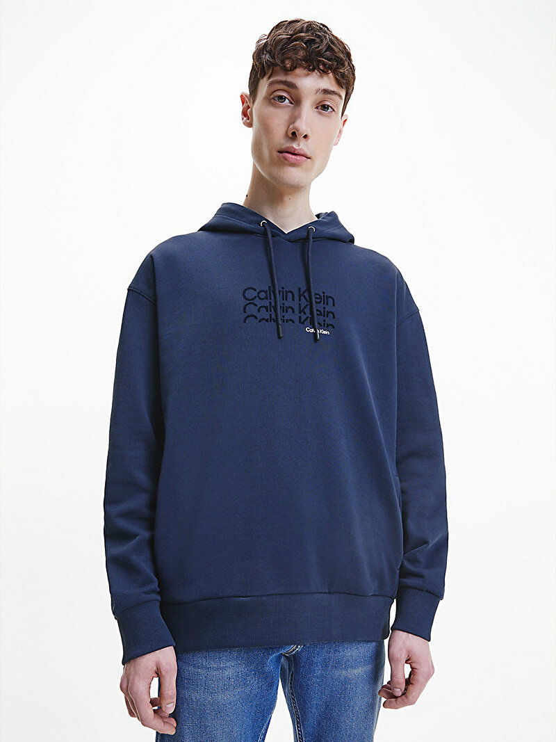 Calvin Klein Lacivert Renkli Erkek Logolu Kapüşonlu Sweatshirt