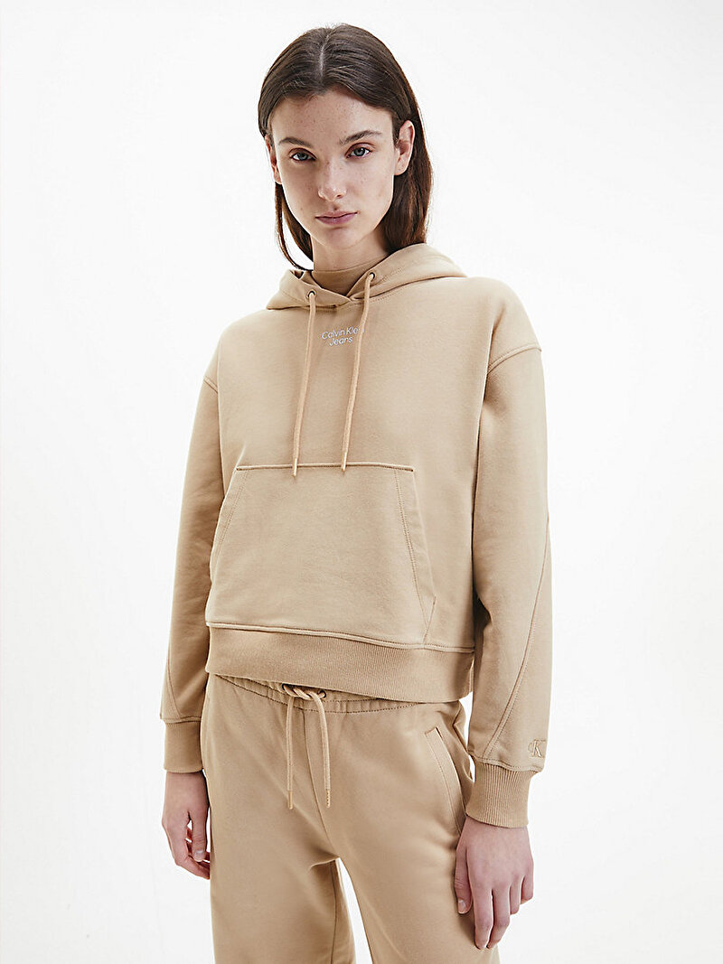 Calvin Klein Bej Renkli Kadın Rahat Kapüşonlu Sweatshirt