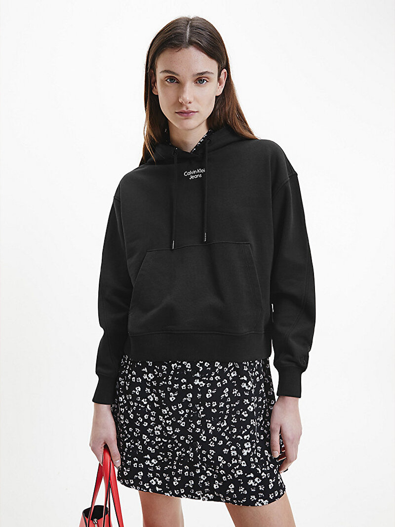 Calvin Klein Siyah Renkli Kadın Rahat Kapüşonlu Sweatshirt