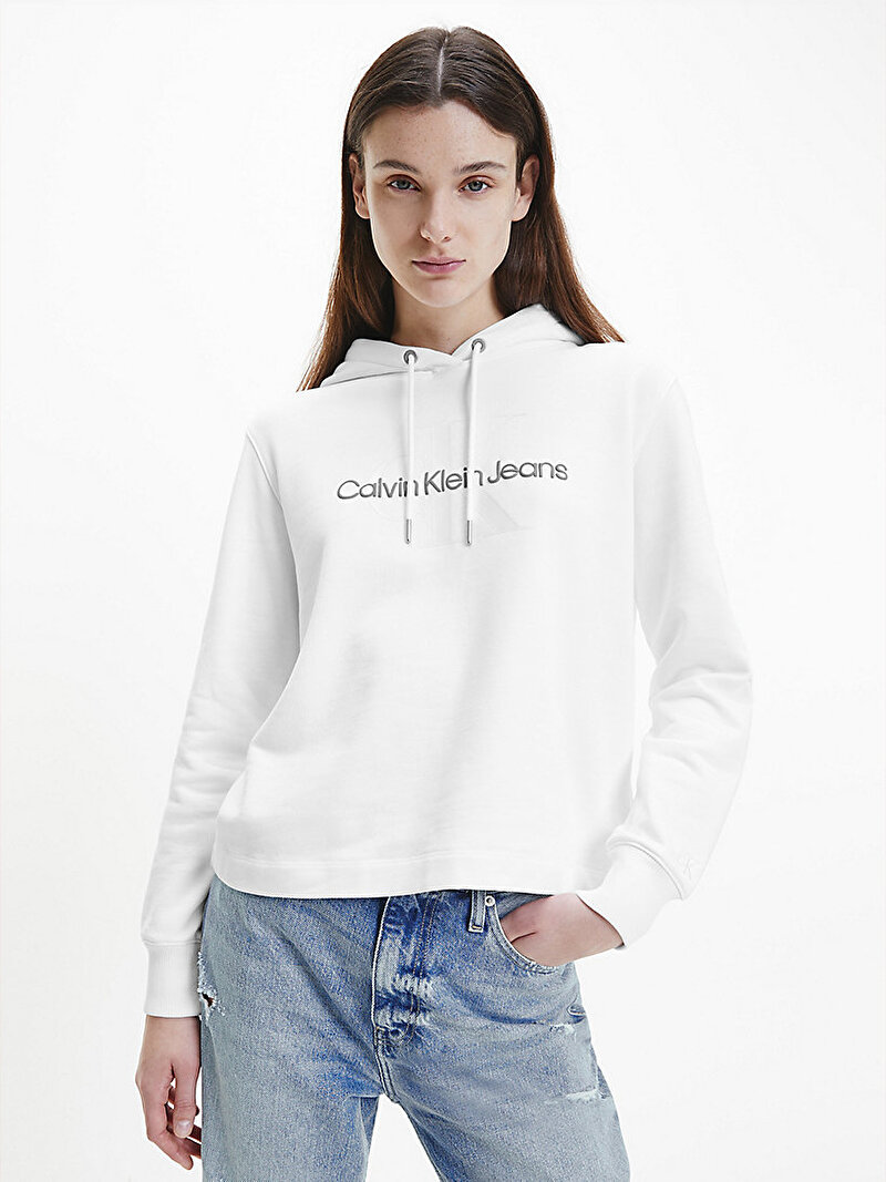 Calvin Klein Beyaz Renkli Kadın Monogramlı Kapüşonlu Sweatshirt
