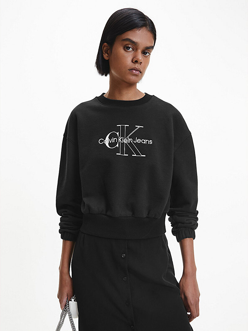 Calvin Klein Siyah Renkli Kadın Monogramlı Crop Sweatshirt