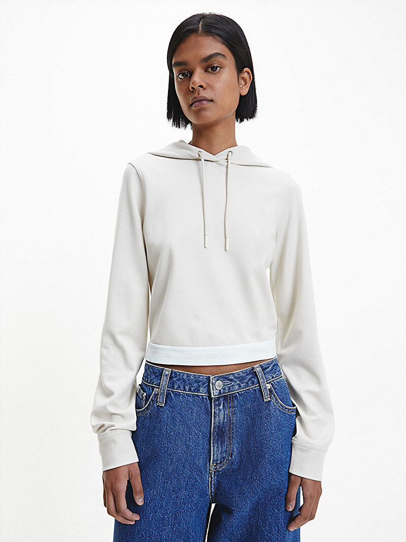 Calvin Klein Bej Renkli Kadın Crop Milano Jarse Kapüşonlu Sweatshirt