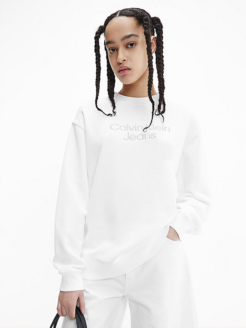 Calvin Klein Beyaz Renkli Kadın Nakişli Oversize Sweatshirt