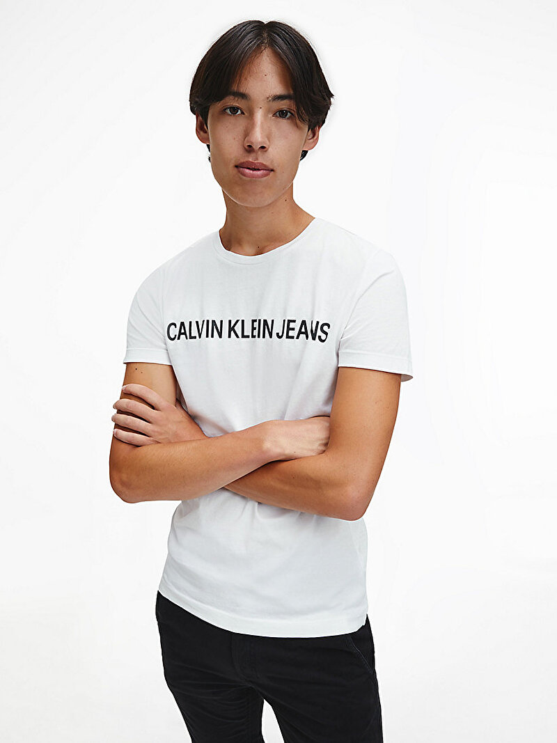 Calvin Klein Beyaz Renkli Erkek Organik Pamuklu Logolu T-shirt