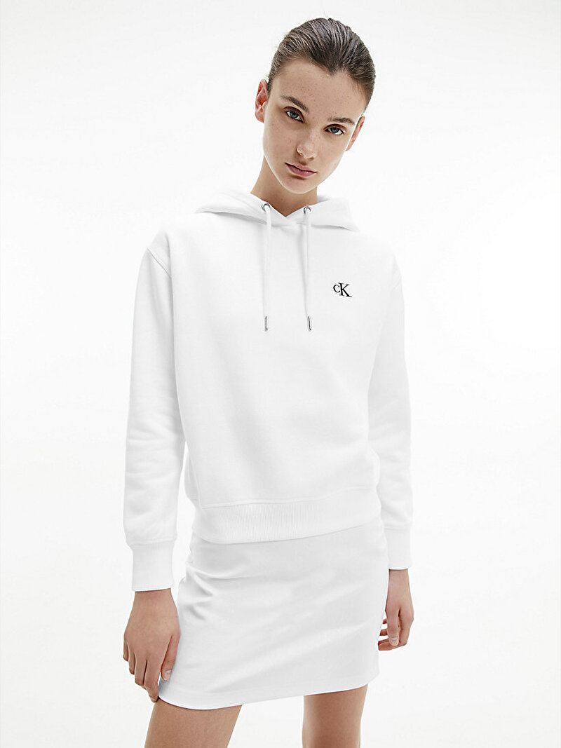 Calvin Klein Beyaz Renkli Kadın Pamuk Karışımı Kapüşonlu Sweatshirt