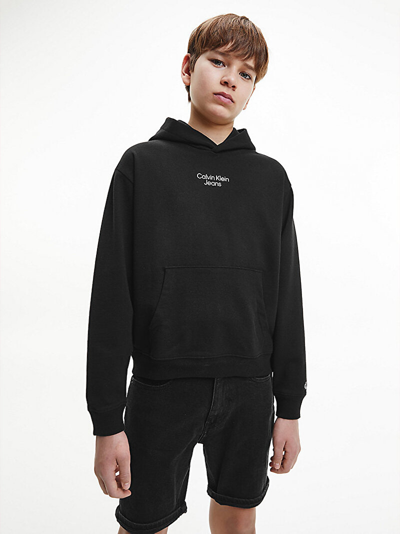 Calvin Klein Siyah Renkli Erkek  Çocuk Geri Dönüştürülmüş Pamuklu Kapüşonlu Sweatshirt