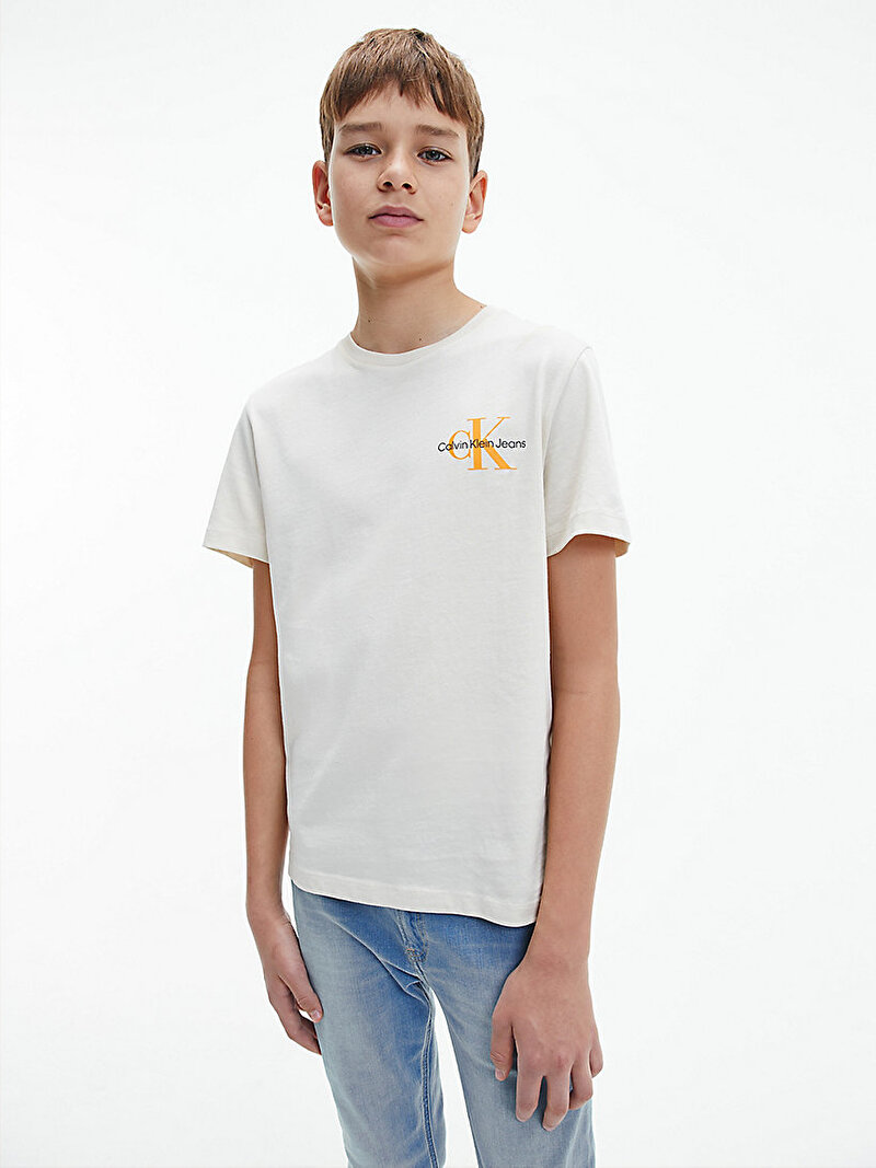 Calvin Klein Ekru Renkli Erkek  Çocuk Organik Pamuklu Monogramlı T-Shirt