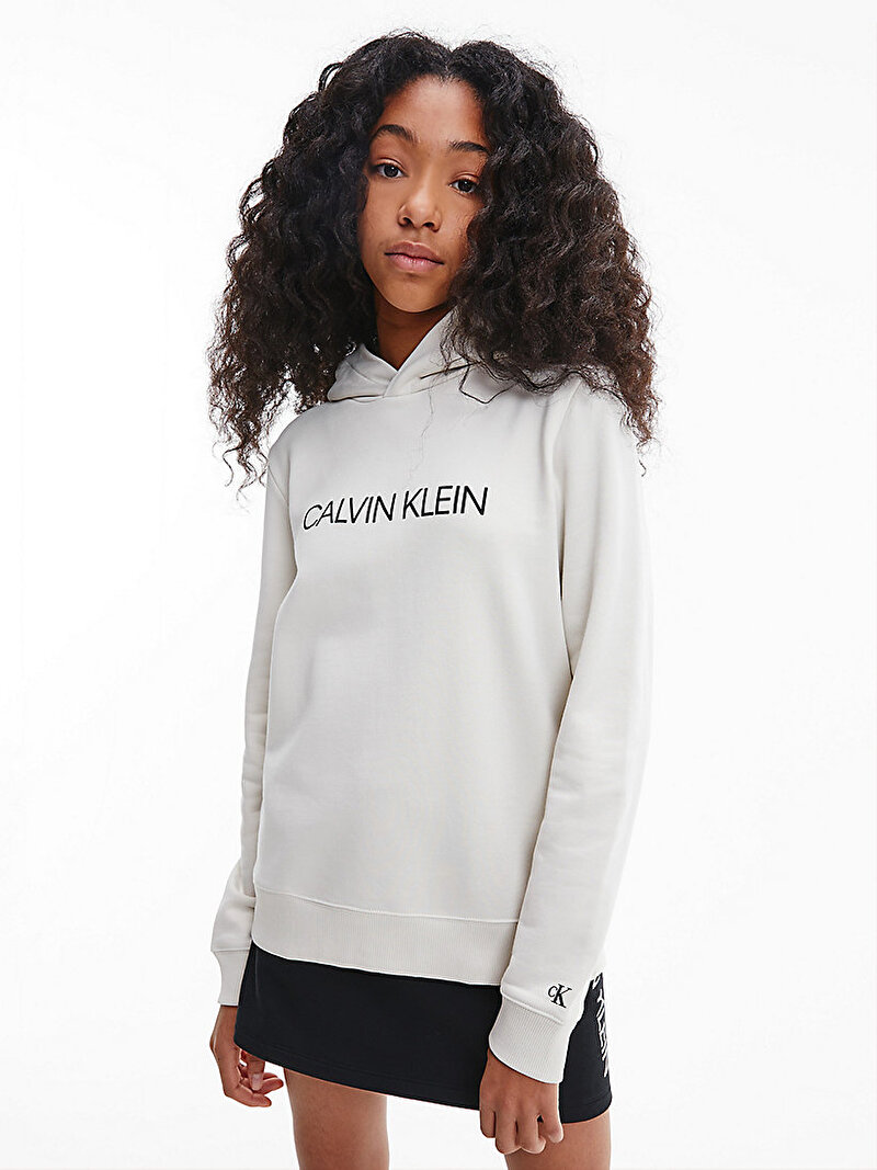 Calvin Klein Ekru Renkli Çocuk Unisex Kapüşonlu Sweatshirt