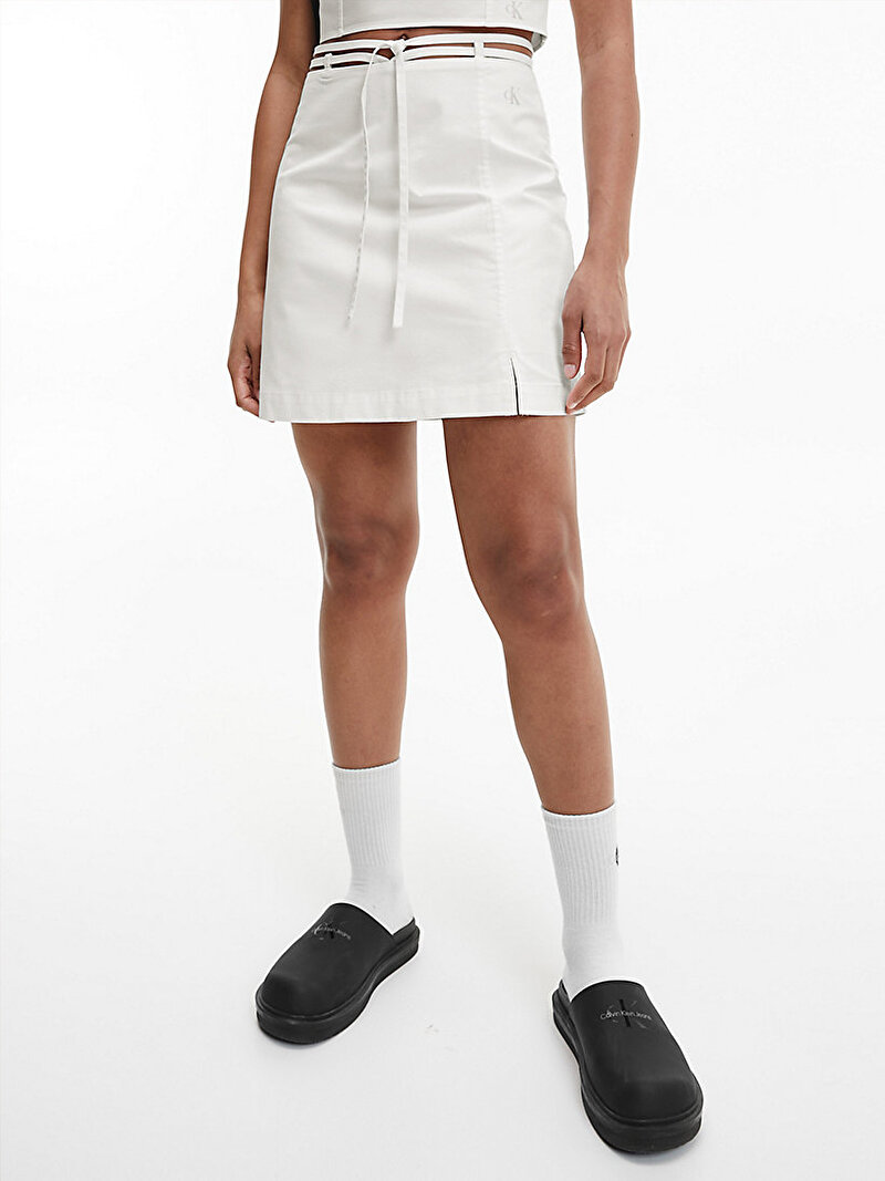 Calvin Klein Beyaz Renkli Kadın Belden Bağlamalı Pamuklu Mini Etek