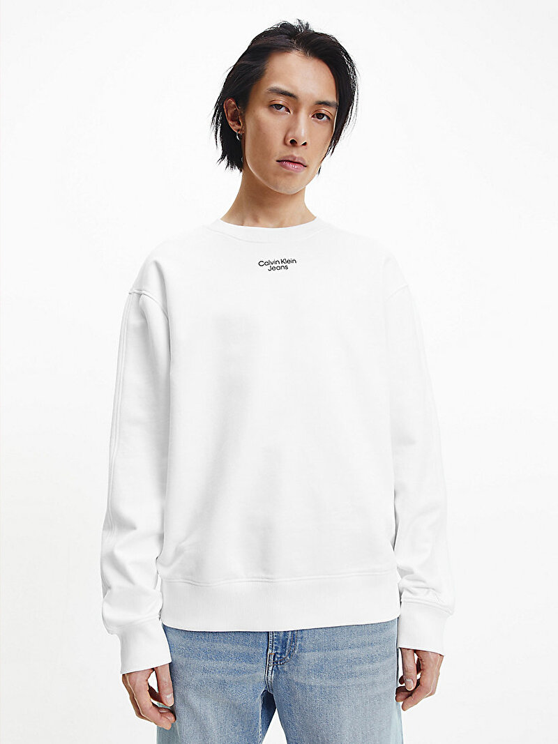 Calvin Klein Beyaz Renkli Erkek Relaxed Pamuklu Terry Sweatshirt