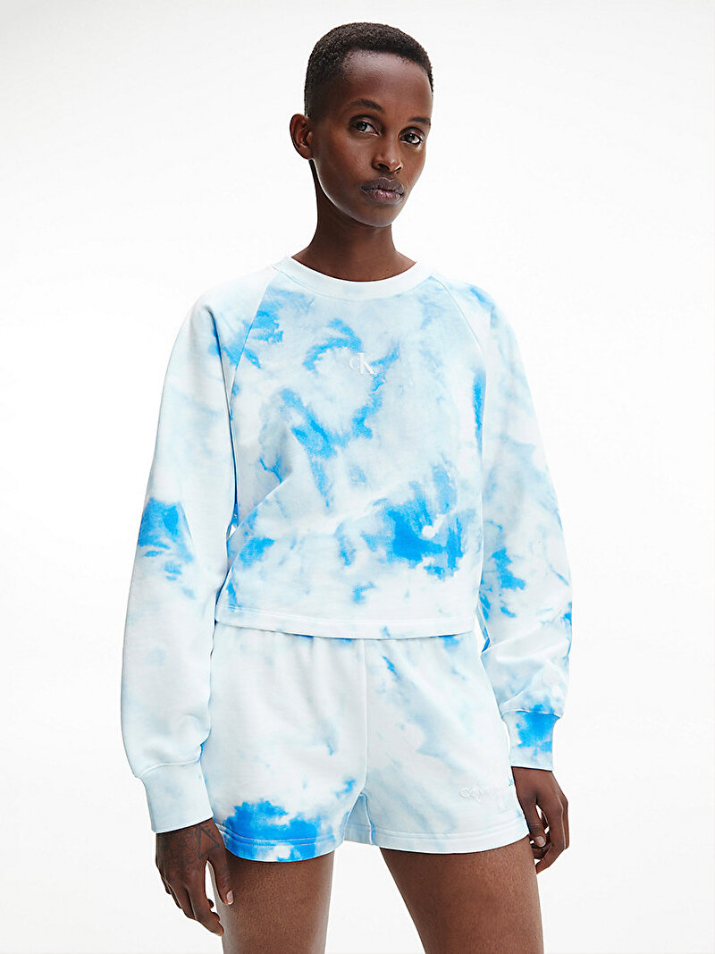 Calvin Klein Mavi Renkli Kadın Oversized All Over Desenli Sweatshirt
