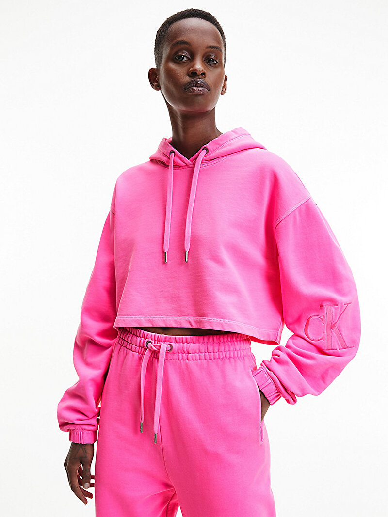 Calvin Klein Pembe Renkli Kadın Oversized Asit Yıkamalı Kapüşonlu Sweatshirt