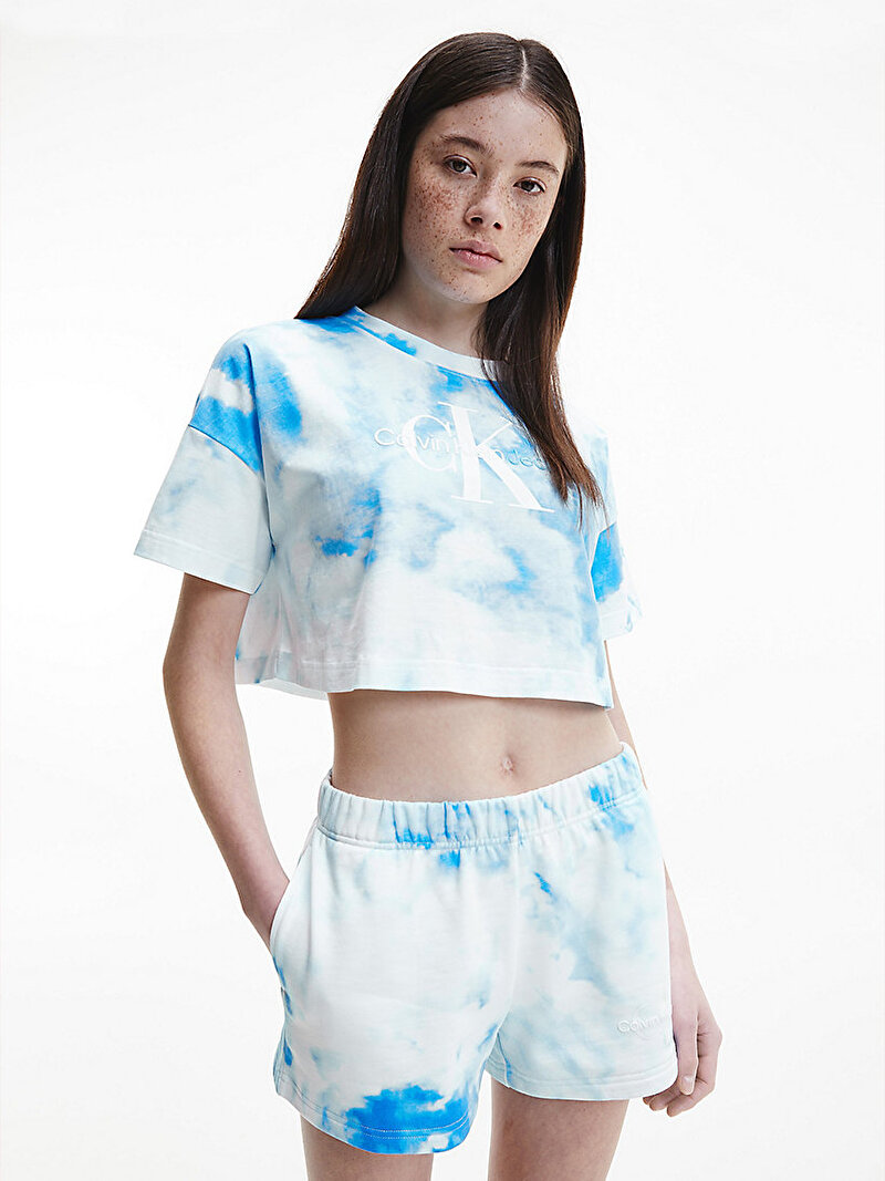 Calvin Klein Mavi Renkli Kadın Cropped All-Over Desenli T-shirt
