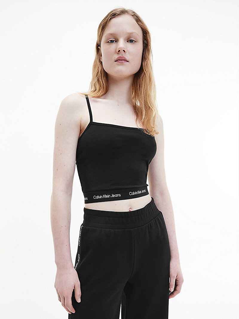 Calvin Klein Siyah Renkli Kadın Cropped Şerit Logolu Askılı Bluz