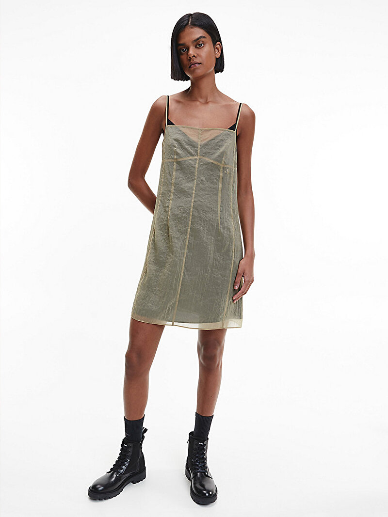 Calvin Klein Haki Renkli Kadın Şifon Çift Kat Slip Elbise