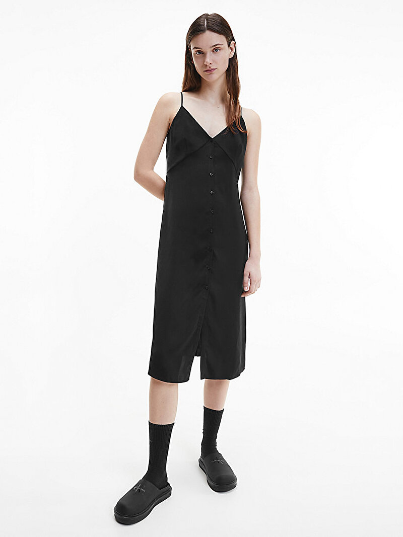 Calvin Klein Siyah Renkli Kadın Düğmeli Midi Slip Elbise