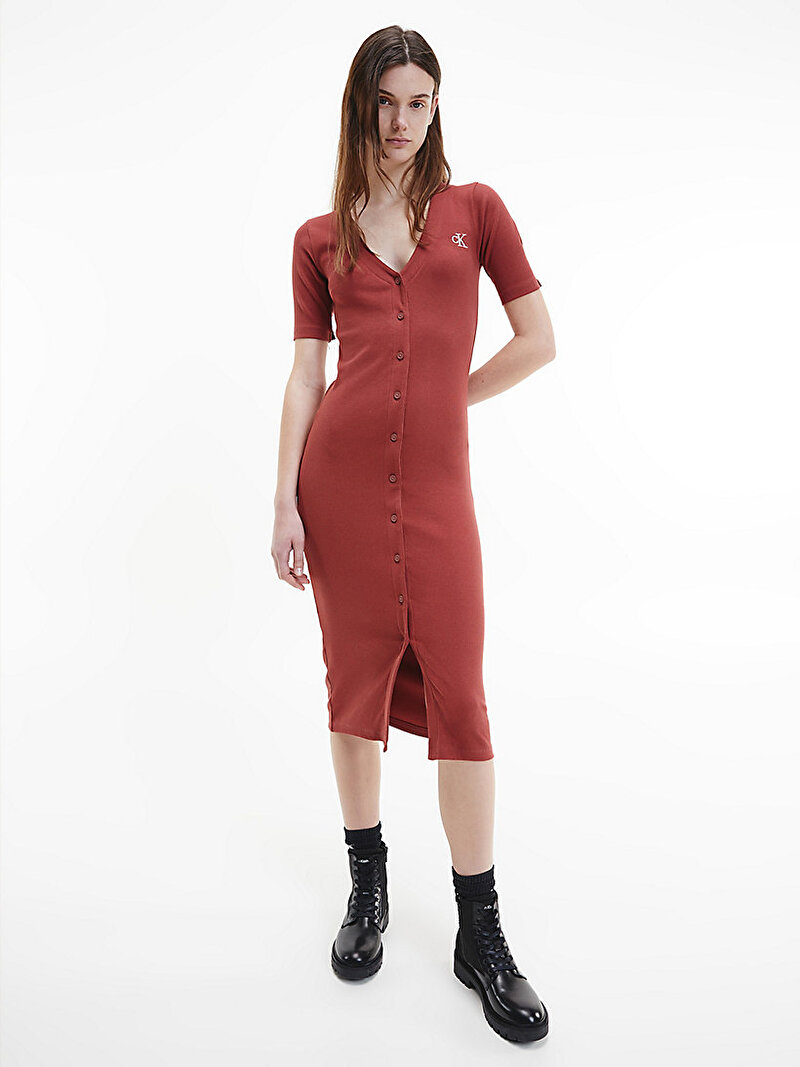 Calvin Klein Kırmızı Renkli Kadın Slim Ribanalı Düğmeli Midi Elbise