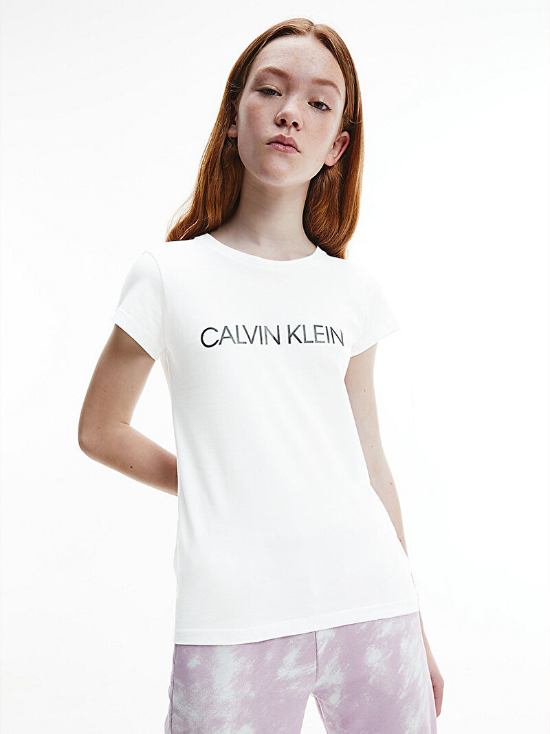 Calvin Klein Beyaz Renkli Kız Çocuk Institutional Slim T-Shirt