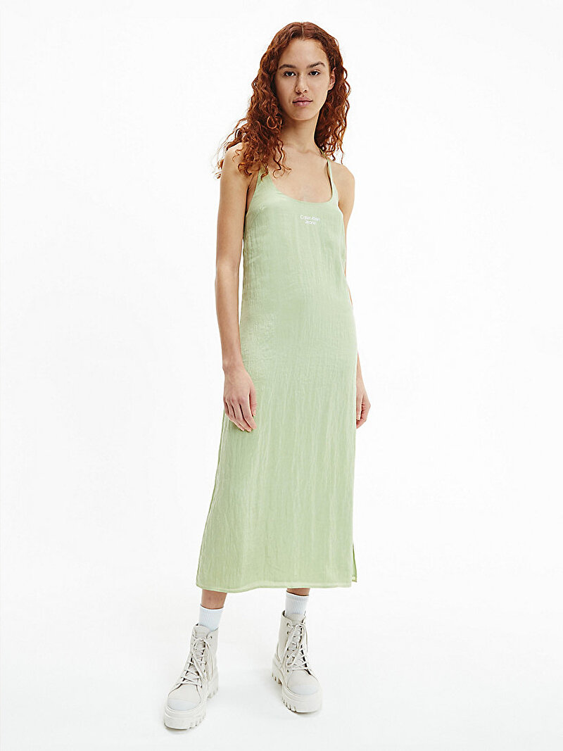 Calvin Klein Yeşil Renkli Kadın Glazed Fabric Maxi Yeşil Elbise