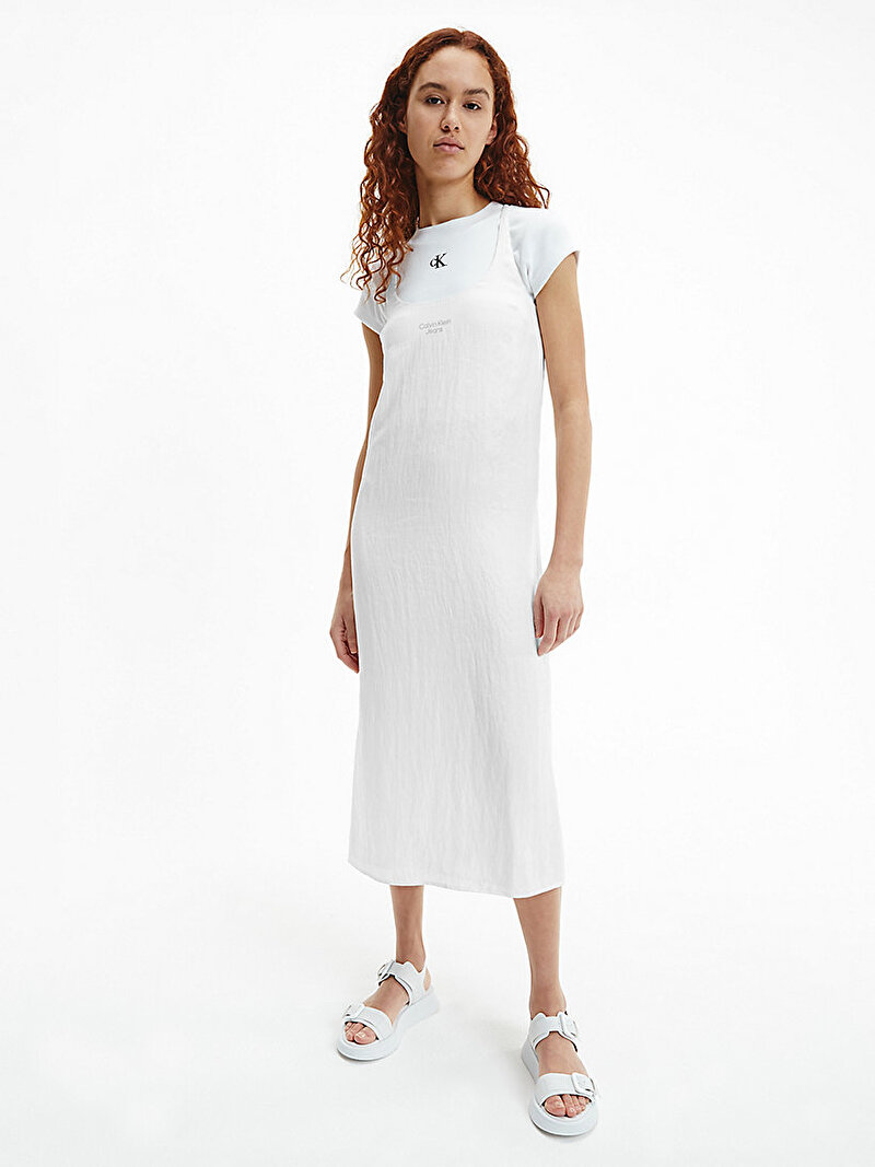 Calvin Klein Beyaz Renkli Kadın Glazed Fabric Maxi Beyaz Elbise