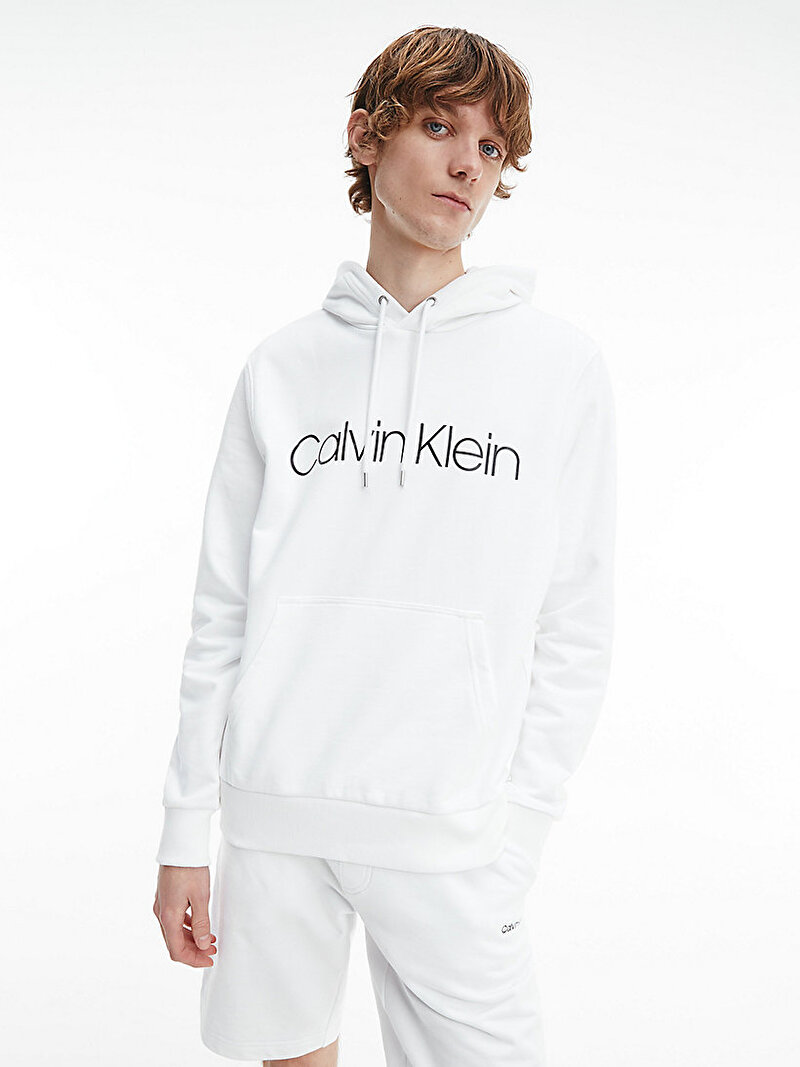 Calvin Klein Beyaz Renkli Erkek Cotton Logo Hoodie Sweatshirt