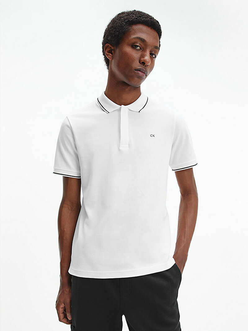 Calvin Klein Beyaz Renkli Erkek Stretch Pique Tippin Polo Yaka T-Shirt
