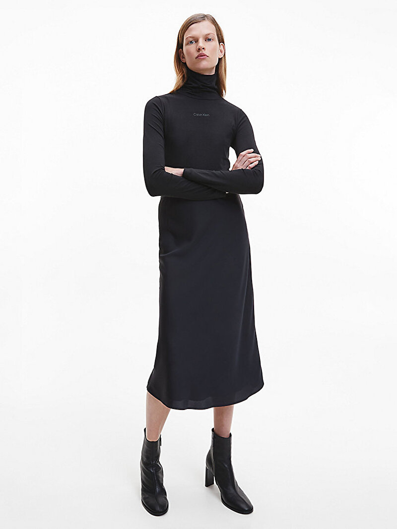 Calvin Klein Siyah Renkli Kadın Geri Dönüşümlü Krep Midi Etek