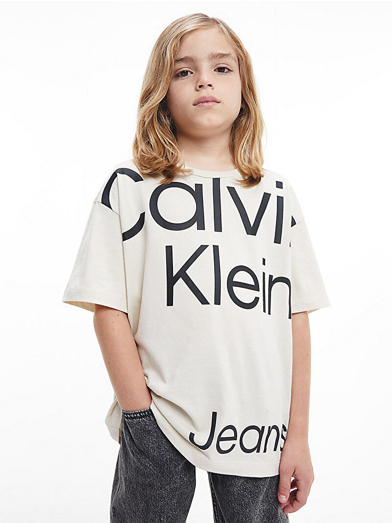Calvin Klein Ekru Renkli Erkek Çocuk Organik Pamuk Logolu Tişört