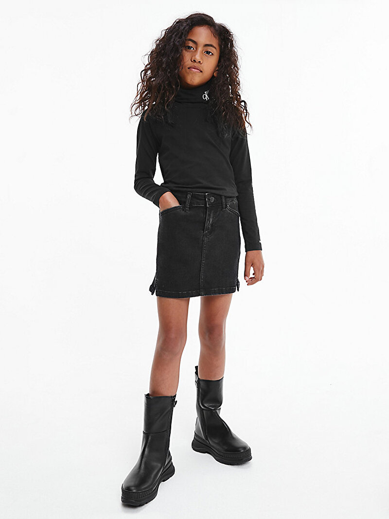 Calvin Klein Siyah Renkli Kız Çocuk Slim Organik Pamuklu Balıkçı Yaka Bluz