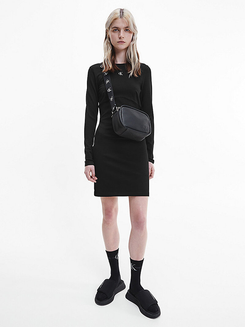 Calvin Klein Siyah Renkli Kadın Rib Mixed Milano Bodycon Elbise
