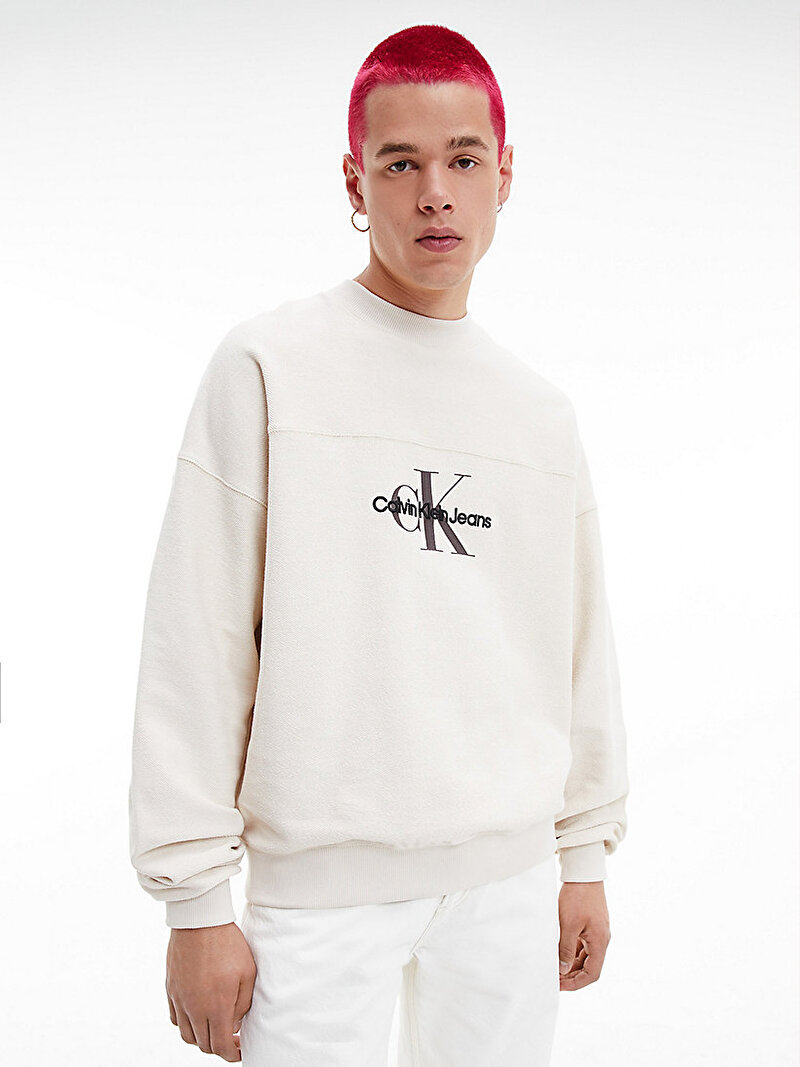 Calvin Klein Ekru Renkli Erkek Oversized Tekstüre Logolu Sweatshirt