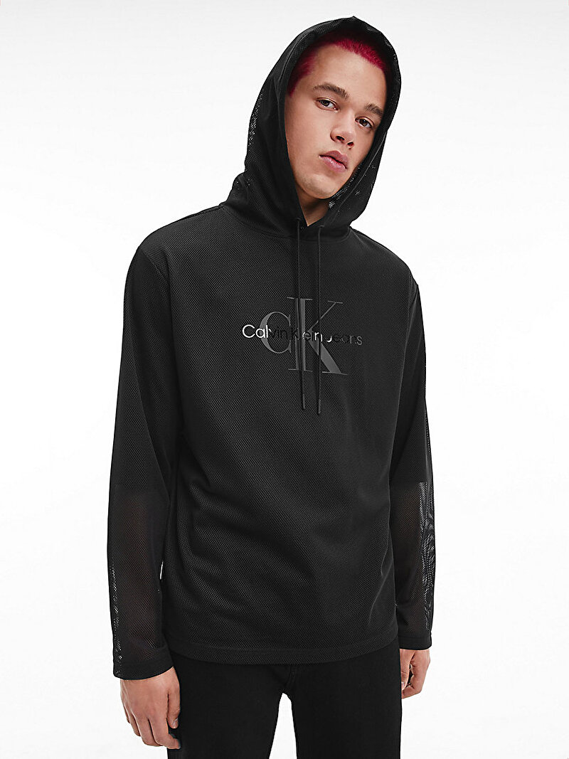 Calvin Klein Siyah Renkli Erkek Çift Katmanlı Mesh Hoodie Kapüşonlu Sweatshirt