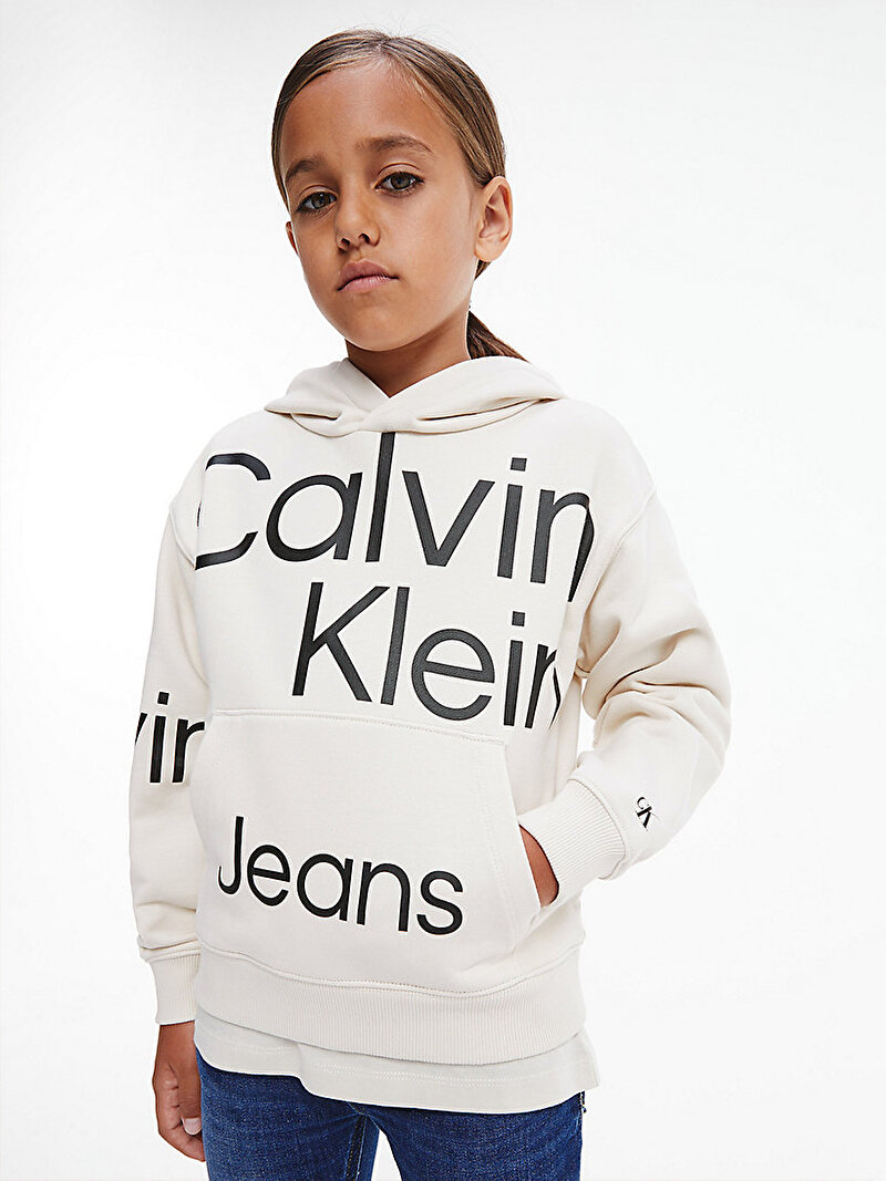 Calvin Klein Ekru Renkli Erkek Çocuk Allover Logo Hoodie Kapüşonlu Sweatshirt