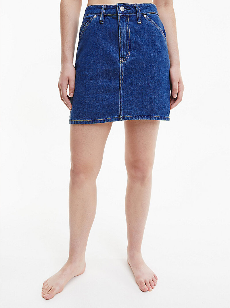 Calvin Klein Mavi Renkli Kadın Yüksek Bel Denim Mini Etek