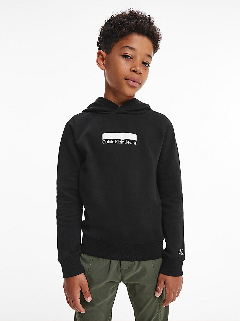 Calvin Klein Siyah Renkli Erkek Çocuk Organik Pamuklu Hoodie Kapüşonlu Sweatshirt