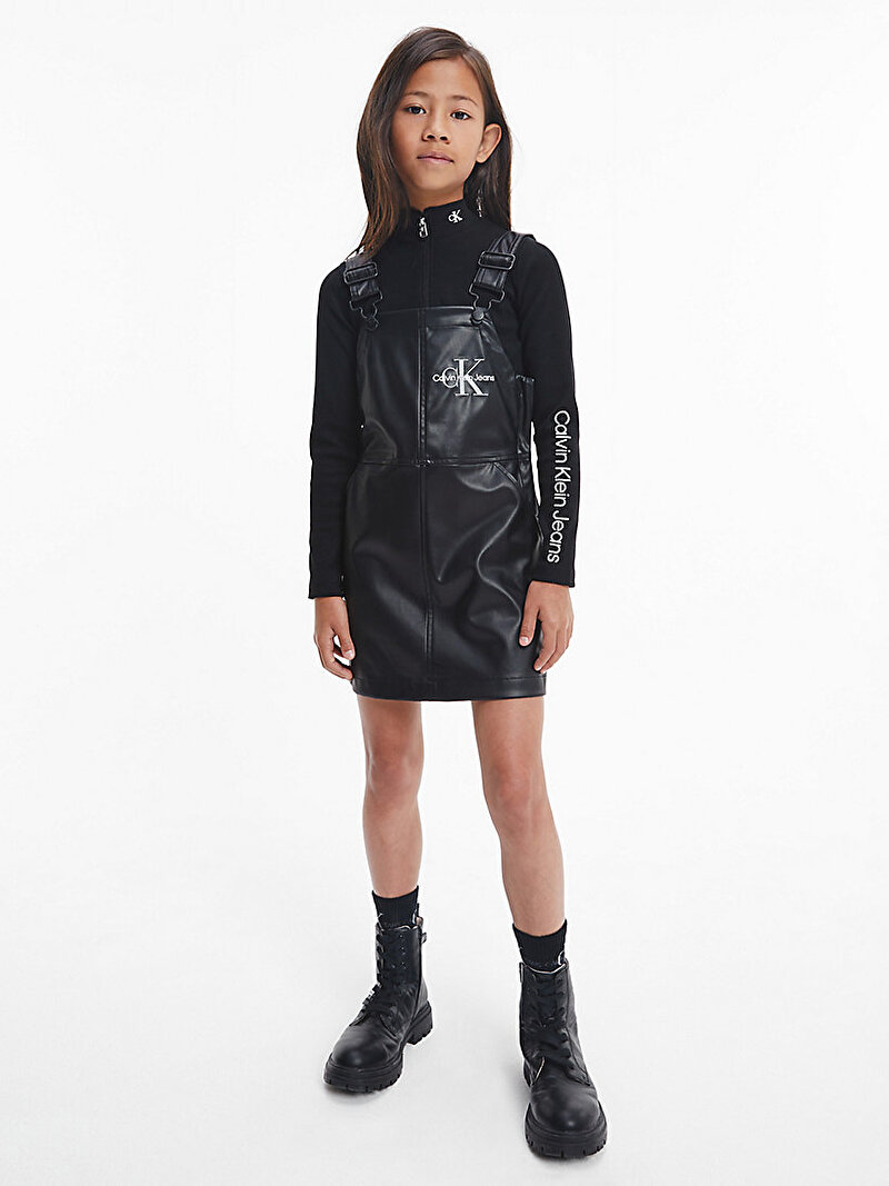 Calvin Klein Siyah Renkli Kız Çocuk Suni Deri Dungaree Elbise