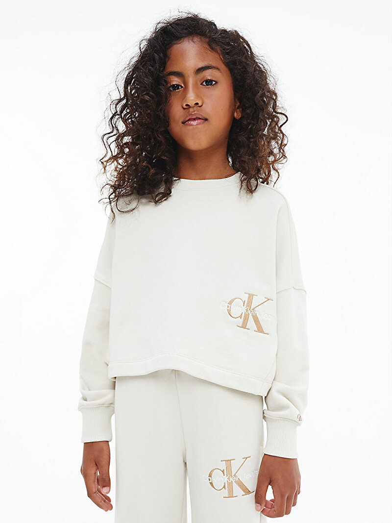 Calvin Klein Ekru Renkli Kız Çocuk Organik Pamuklu Hoodie Kapüşonlu Sweatshirt