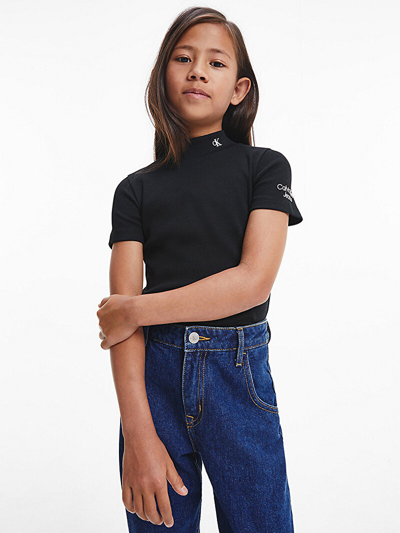 Calvin Klein Siyah Renkli Kız Çocuk Yarım Balıkçı Yaka Ribanalı Bluz