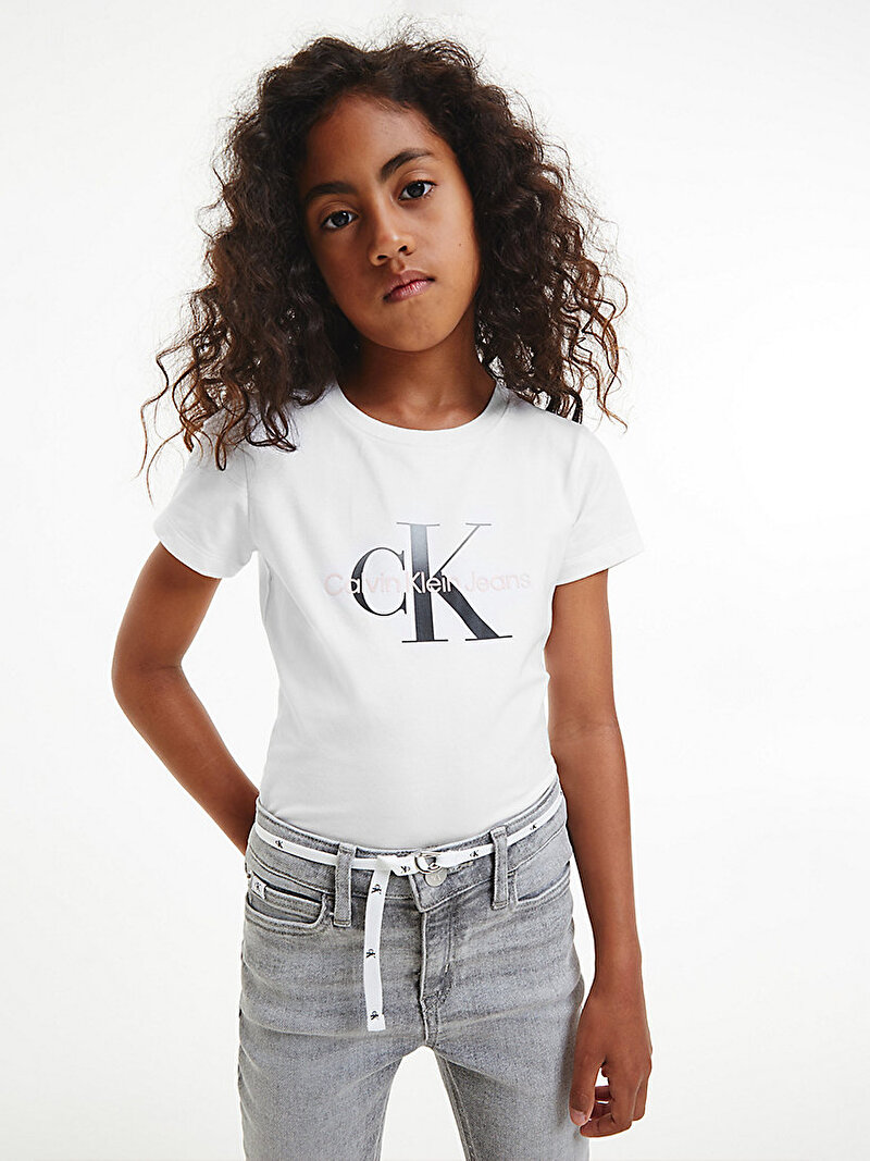 Calvin Klein Beyaz Renkli Kız Çocuk Logolu T-shirt