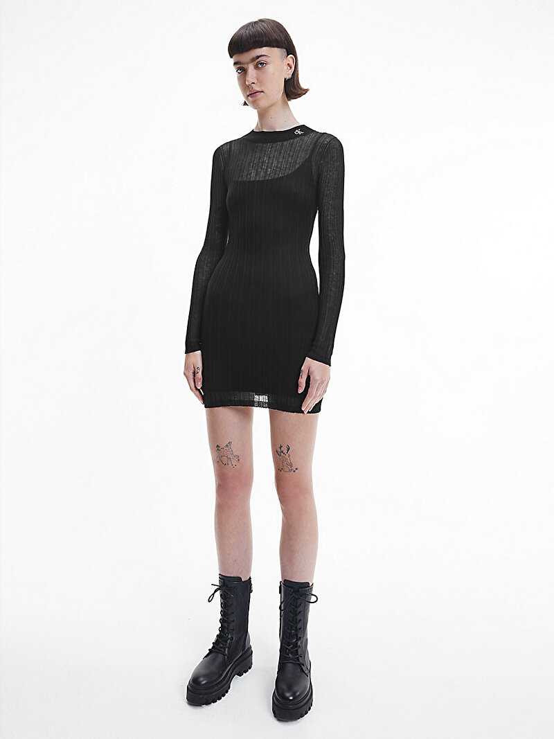 Calvin Klein Siyah Renkli Kadın Şeffaf Örgülü Katmanlı Midi Elbise